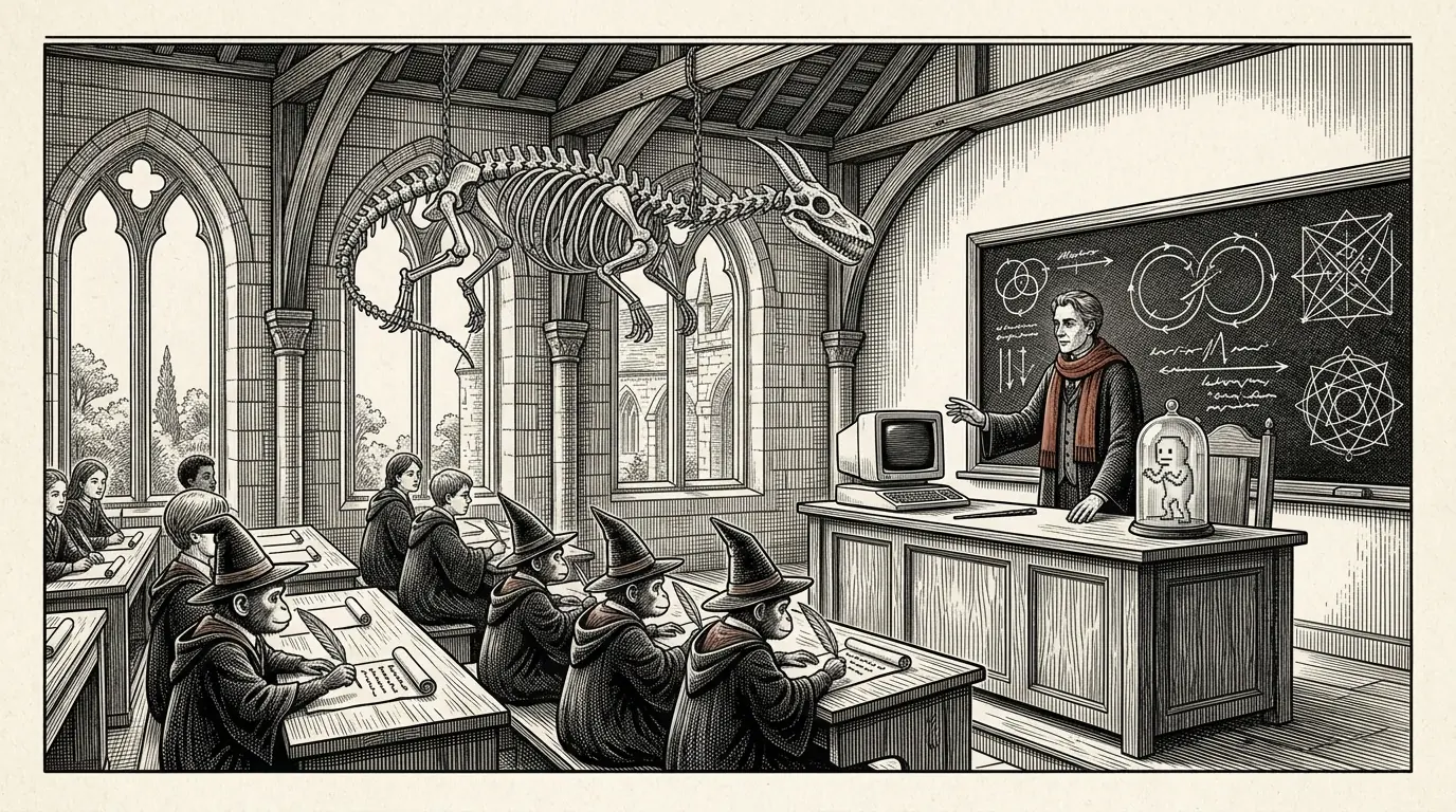 A Gothic classroom with leaded windows and a long-tailed skeleton hung from the roof beams on chains. A master in a red scarf stands at a desk that holds a cathode-ray computer and a small figure sealed in a glass bell jar, before a blackboard of loop diagrams and star figures, while four monkeys in pointed hats and robes take notes with quills at the front desks and human students sit behind them.