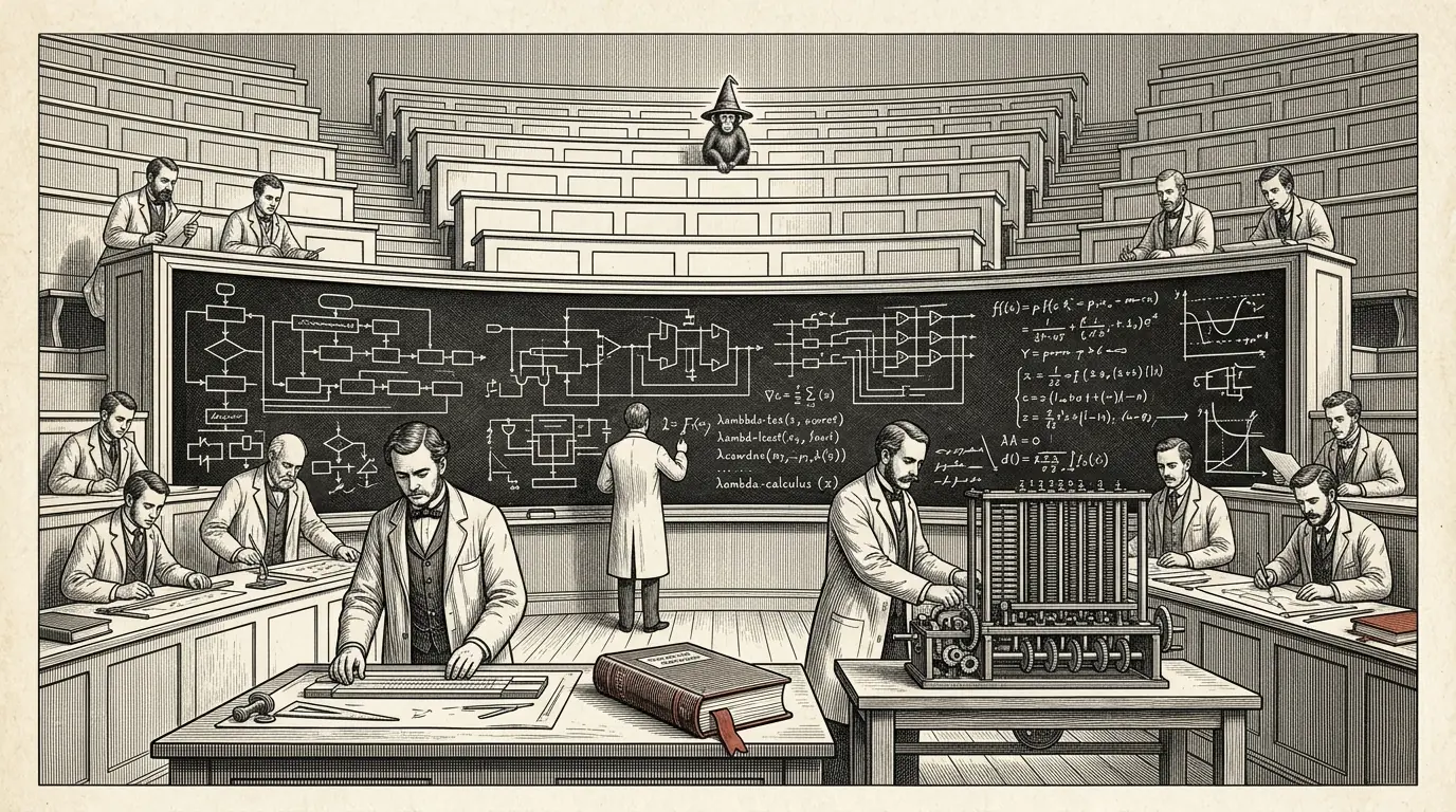 A tiered Victorian lecture hall engraved on cream paper, where a blackboard spanning the room carries flowcharts, logic-gate circuits, lambda-calculus lines, equations, and plotted curves, and men in frock coats and lab coats work at drafting tables, a bound volume with a red ribbon, and a geared calculating machine. A small monkey in a pointed wizard hat sits alone in the empty back row.