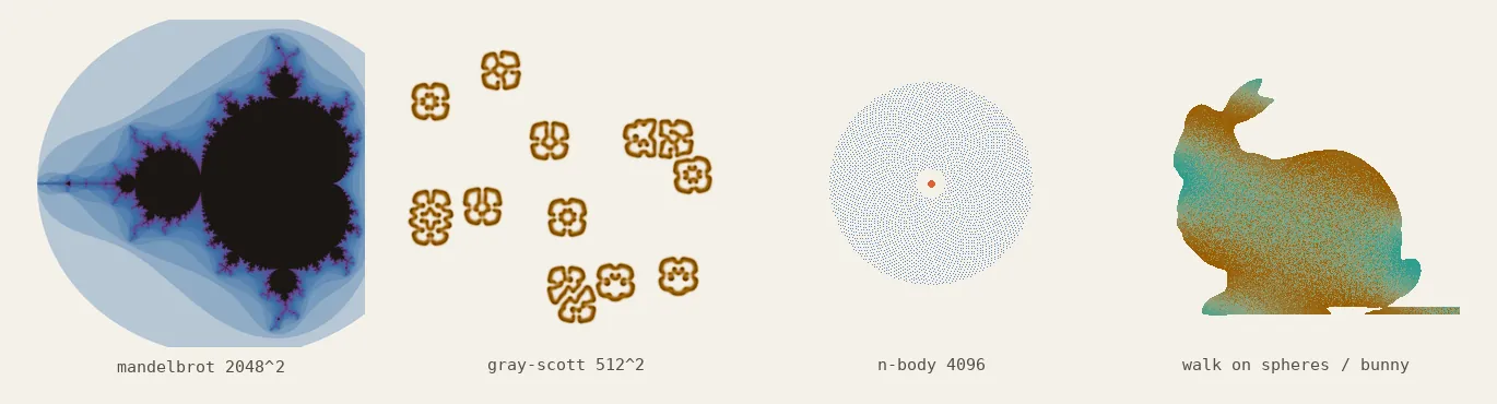 Four animated panels computed by accy-compiled kernels: the Mandelbrot escape field zooming into seahorse valley with the kernel recompiled each frame, a Gray-Scott reaction-diffusion field growing amber labyrinths under the oracle-gated step kernel, an n-body disk of four thousand bodies swirling under the benchmarked gravity kernel, and a Walk-on-Spheres Laplace solve converging inside the Stanford bunny.