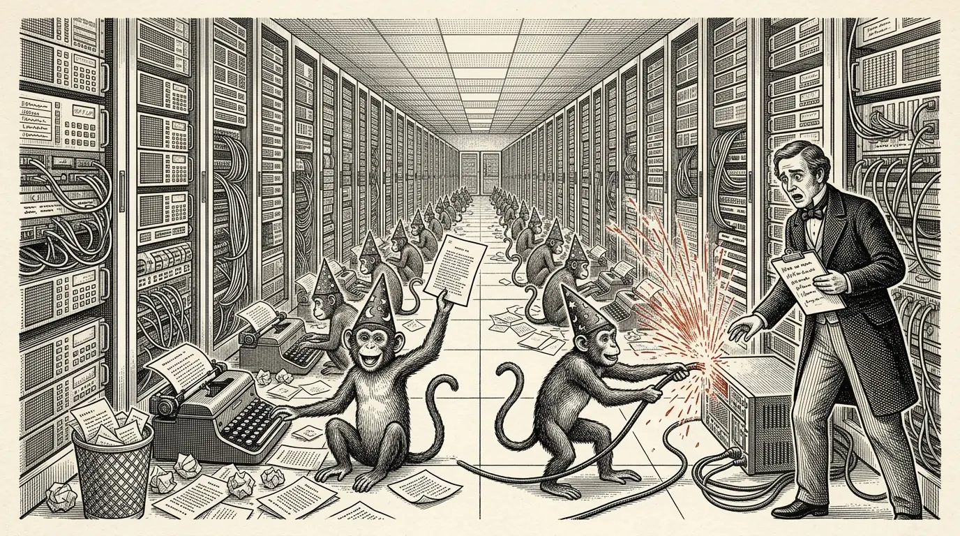 A datacenter aisle drawn as an engraving, racks and cabling running to a vanishing point, with dozens of monkeys in pointed hats typing amid loose and crumpled pages and a full wastebasket. In the foreground one monkey holds up a printed page, another pulls a power cable from a rack in a burst of red sparks, and a man in a frock coat watches with a clipboard.