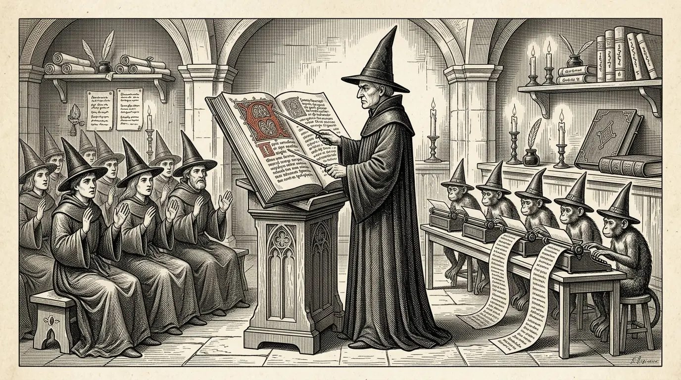 A vaulted stone hall where a master in a pointed hat points a rod at an open illuminated manuscript on a Gothic lectern, its initial capital inked in red. Rows of robed students in pointed hats recite with raised hands on the left, and on the right five monkeys in pointed hats work typewriters whose printed scrolls spill onto the floor.