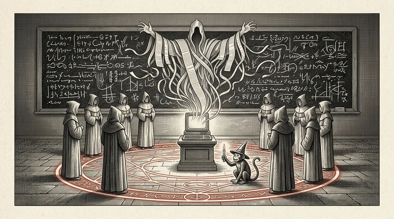 Robed, hooded figures stand in a ring around a glowing red chalk circle inscribed with symbols on a flagstone floor. At its center a cathode-ray terminal on a stone pedestal streams ribbons of punched-card tape upward into a hooded, faceless figure with raised hands, against a blackboard of dense equations, and a monkey in a pointed hat holds a lit candle inside the circle.